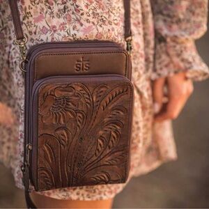 STS Ranchwear Floral Embossed Brown Crossbody Bag